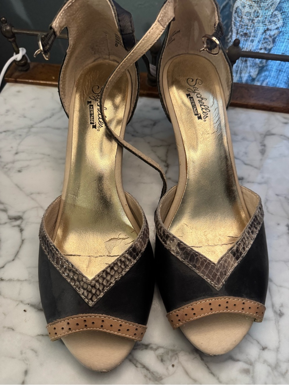Seychelles Black Peep-Toe Ankle Strap Heels with Tan Accents